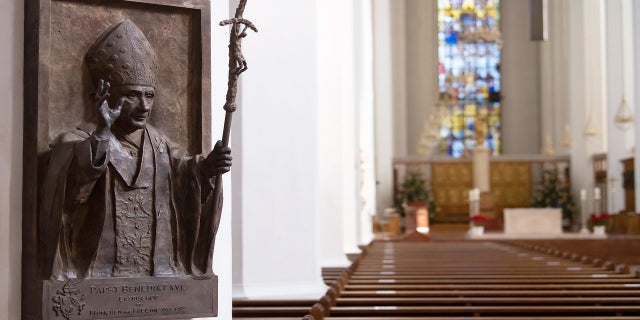 A relief of Pope Benedict XVI is on display in the Frauenkirche in Munich, Germany.