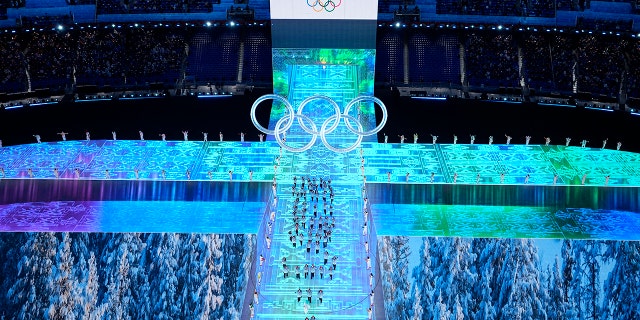 Athletes from Russian Olympic Committee arrive during the opening ceremony of the 2022 Winter Olympics, Friday, Feb. 4, 2022, in Beijing. (AP Photo/Jeff Roberson)