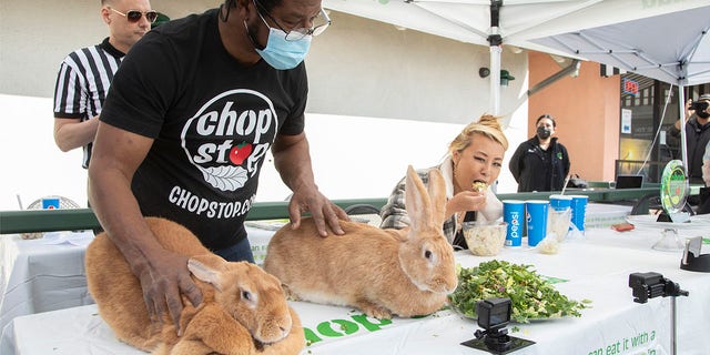 Raina Huang ate 3.5 lbs. of salad during a competition against a large rabbit Chop Stop in California.