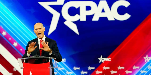 Sen. Rick Scott, R-Fla., speaks at the Conservative Political Action Conference (CPAC) Saturday, Feb. 26, 2022, in Orlando, Fla.