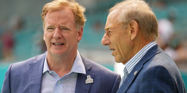 NFL Commissioner Roger Goodell speaks with Miami Dolphins owner Stephen Ross before a game between the Indianapolis Colts and Dolphins at Hard Rock Stadium Oct. 3, 2021, in Miami Gardens, Fla.
