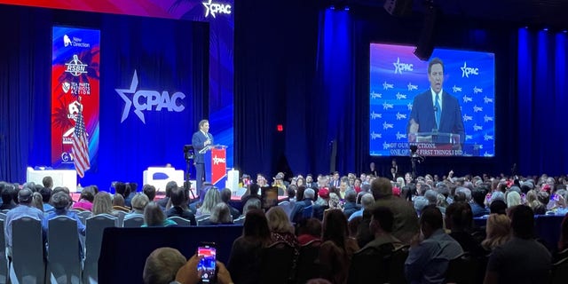 Florida Gov. Ron DeSantis addresses the crowd at the Conservative Political Action Committee (CPAC) in Orlando, Florida on Feb. 24, 2022.