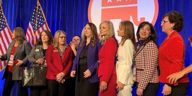 Republican National Committee chair Ronna McDaniel (center), at the conclusion of the RNC's winter meeting, in Salt Lake City, Utah on Feb. 4, 2022.