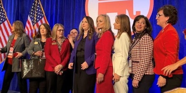 Republican National Committee chair Ronna McDaniel (center), at the conclusion of the RNC's winter meeting, in Salt Lake City, Utah on Feb. 4, 2022.