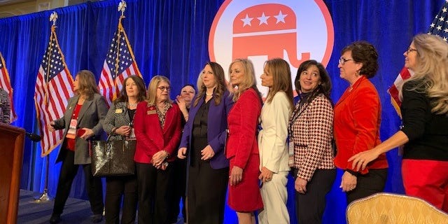 Republican National Committee Chair Ronna McDaniel (center) after the RNC Winter Meeting, in Salt Lake City, Utah, on February 4, 2022.