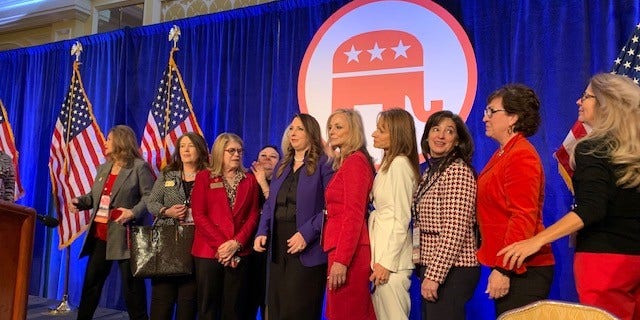 Republican National Committee chair Ronna McDaniel (center), at the conclusion of the RNC's winter meeting, in Salt Lake City, Utah on Feb. 4, 2022.