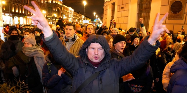 Demonstrators shout slogans in St. Petersburg on Feb. 24, 2022, to protest Russia's invasion of Ukraine.