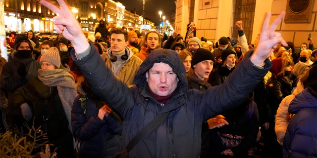 Demonstrators shout slogans in St. Petersburg on Feb. 24, 2022, to protest Russia's invasion of Ukraine.