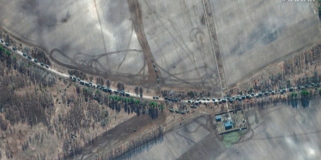 This satellite image provided by Maxar Technologies shows the southern end of a convoy, east of Antonov airport, Ukraine, Monday Feb. 28, 2022. 