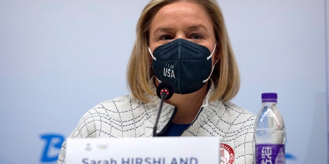 United States Olympic and Paralympic Committee CEO Sarah Hirshland speaks during a press conference at the 2022 Winter Olympics, Feb. 4, 2022, in Beijing.