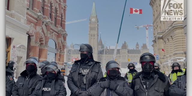 Police form a perimeter around Parliament Hill in Ottawa, Ontario. (Fox News Digital/Jon Michael Raasch)