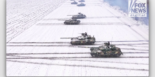 Ukrainian military drills with tanks on Feb. 7, 2022.