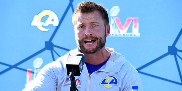 Head coach Sean McVay of the Los Angeles Rams speaks to the media during a practice for Super Bowl LVI at at California Lutheran University on February 11, 2022 in Thousand Oaks, California.