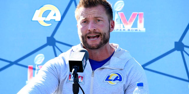 Los Angeles Rams head coach Sean McVay speaks to media during a Super Bowl LVI practice at California Lutheran University in Thousand Oaks, Calif., Feb. 11, 2022.