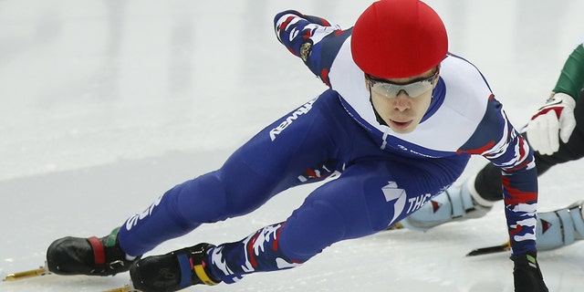 Russia's Semyon Yelistratov competes in Heat 3 of the men's 1000m quarterfinals at the 2016 ISU European Short Track Speed Skating Championships, at Iceberg (Aisberg) Skating Palace.