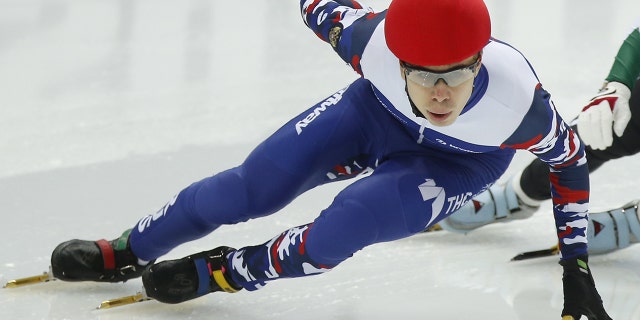 Russia's Semyon Yelistratov competes in Heat 3 of the men's 1000m quarterfinals at the 2016 ISU European Short Track Speed Skating Championships, at Iceberg (Aisberg) Skating Palace.