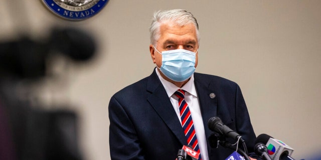 Nevada Gov. Steve Sisolak provides an update on COVID-19 regulations in Las Vegas on Aug. 16, 2021. Nevada and its casinos stopped requiring people to wear masks in public on Thursday, Feb. 10, 2022 joining most other U.S. states lifting restrictions that were imposed to limit the spread of coronavirus. Democratic Gov. Steve Sisolak announced that the state no longer required face coverings in most places, 