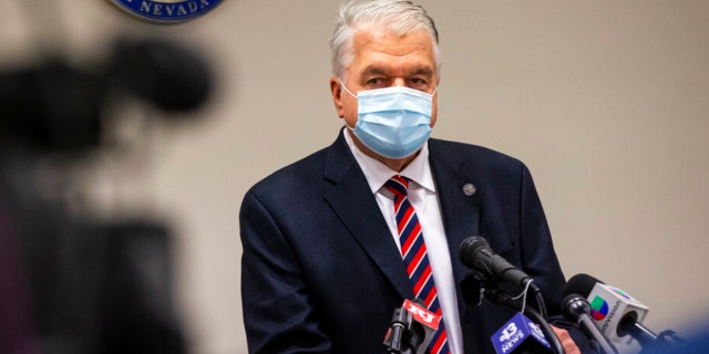 Nevada Gov. Steve Sisolak provides an update on COVID-19 regulations in Las Vegas on Aug. 16, 2021. Nevada and its casinos stopped requiring people to wear masks in public on Thursday, Feb. 10, 2022 joining most other U.S. states lifting restrictions that were imposed to limit the spread of coronavirus. Democratic Gov. Steve Sisolak announced that the state no longer required face coverings in most places, 