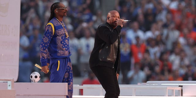 Snoop Dogg performs alongside Dr. Dre at the Super Bowl LVI halftime show.