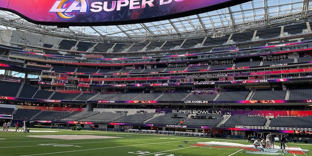 A look toward the seats from the field level at SoFi Stadium. Fans attending Super Bowl LVI on Sunday will notice a large police presence, and multiple law enforcement agencies are coordinating to enforce tight security measures inside and outside the venue to ensure public safety.