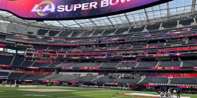 A look toward the seats from the field level at SoFi Stadium. Fans attending Super Bowl LVI on Sunday will notice a large police presence, and multiple law enforcement agencies are coordinating to enforce tight security measures inside and outside the venue to ensure public safety.