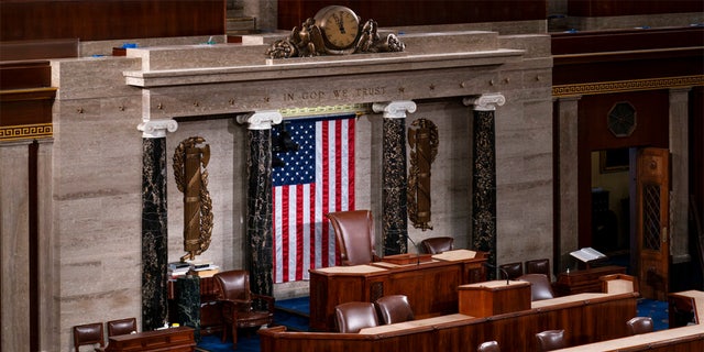 The speaker's dais in the House of Representatives is seen at the Capitol in Washington, Monday, Feb. 28, 2022, where President Joe Biden will deliver his State of the Union speech Tuesday night to a joint session of Congress and the nation. 