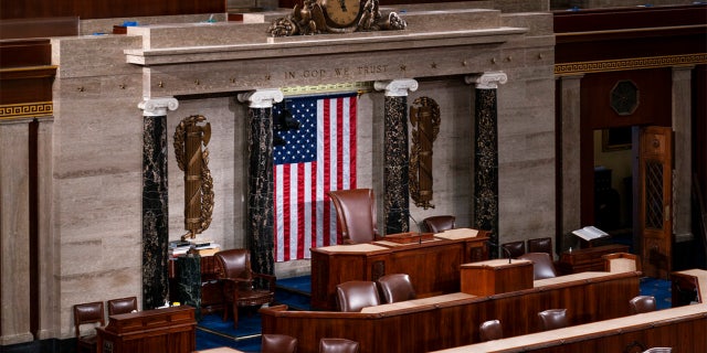 The speaker's dais in the House of Representatives is seen at the Capitol in Washington, Monday, Feb. 28, 2022, where President Joe Biden will deliver his State of the Union speech Tuesday night to a joint session of Congress and the nation.