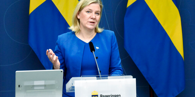 Sweden's Priime Minister Magdalena Andersson speaks during a digital press conference