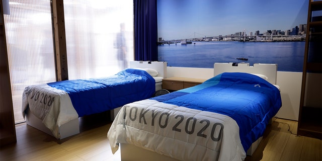 Organizers of the 2020 Tokyo Olympics displayed a replica of the recyclable cardboard bedframes and plastic mattresses that were used in athlete dorms. The replicas were shown at the Mitsui Fudosan Co. booth in the Village Plaza, near the Harumi waterfront district of Tokyo.