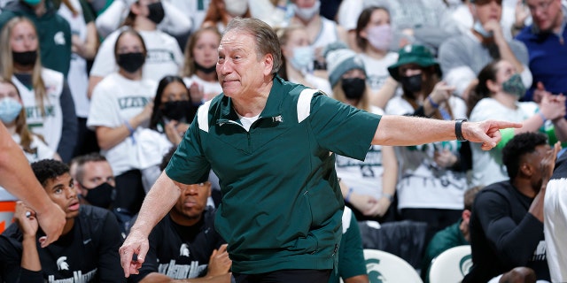 Michigan State coach Tom Izzo reacts during the second half of an NCAA college basketball game against Illinois, Saturday, Feb. 19, 2022, in East Lansing, Mich. Illinois won 79-74.