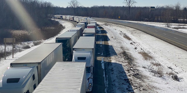 Traffic jammed nine miles from the border south of Port Huron, Michigan’s Blue Water Bridge due to trucker protests in Canada.