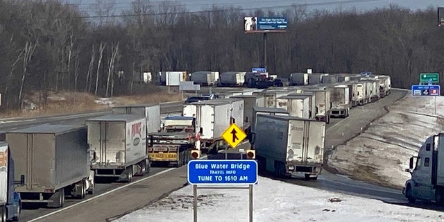 Traffic jammed nine miles from the border south of Port Huron, Michigan’s Blue Water Bridge due to trucker protests in Canada.