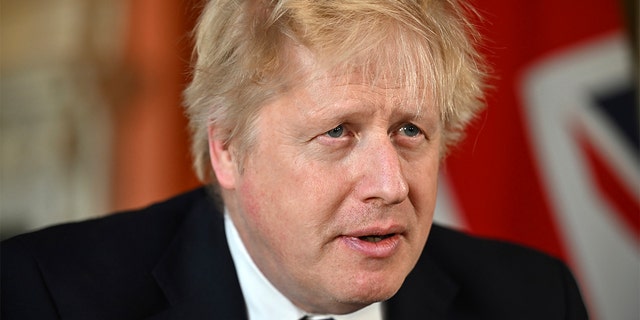 De Britse premier Boris Johnson houdt donderdag 24 februari 2022 een toespraak over de aanval van Rusland op Oekraïne in Downing Street, Londen.