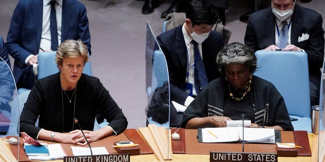 U.S. Ambassador to the UN Linda Thomas-Greenfield and British Ambassador to the UN Barbara Woodward attend the United Nations Security Council meeting to discuss the ongoing crisis in Ukraine with Russia, in New York City, U.S., February 23, 2022.