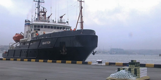 The Black Sea rescue towboat Shakhtyor brought captured Ukrainian servicemen from Snake Island, to Sevastopol in Crimea, Feb. 26, 2022.