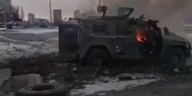 Ukrainian forces destroy Russian armored vehicle in Kharkiv, Ukraine, Feb. 27, 2022.