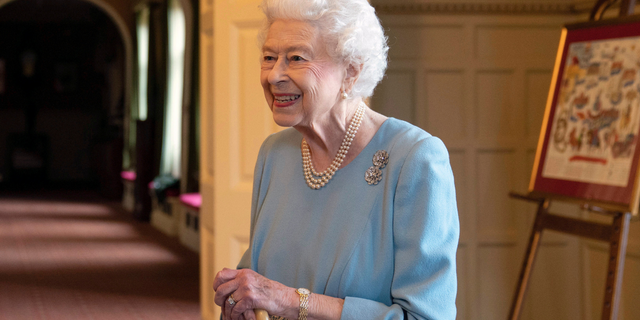Britain's Queen Elizabeth II attends a reception to celebrate the start of the Platinum Jubilee, at Sandringham House, her Norfolk residence, in Sandringham, England, Saturday, Feb. 5, 2022.