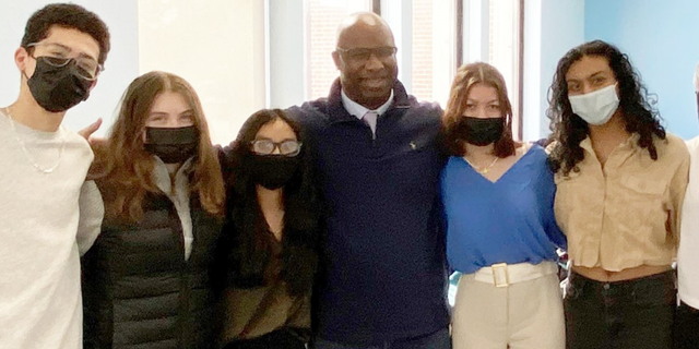 Rep. Jamaal Bowman, D-N.Y., was pictured at a New York high school without wearing a mask, while students pictured around him were all masked-up.