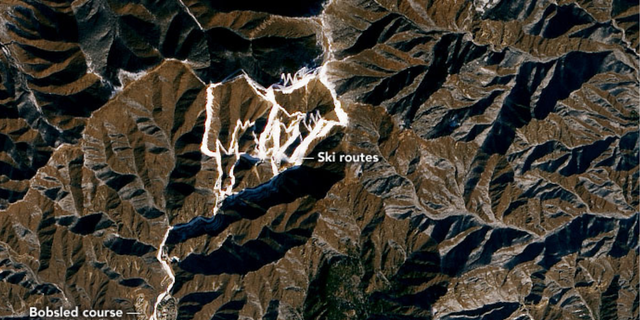 Satellite imagery of Xiaohaituo Mountain in Yanqing, China, where some Winter Olympic events are being held.