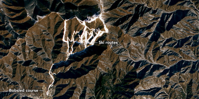 Satellite imagery of Xiaohaituo Mountain in Yanqing, China, where some Winter Olympic events are being held.