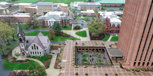  An aerial view of the W. E. B. Du Bois Library gardens and the Old Chapel at the University of Massachusetts Amherst on April 30, 2020 in Amherst, MA. 