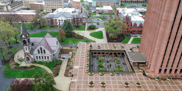 An aerial view of the W. E. B. Du Bois Library gardens and the Old Chapel at the University of Massachusetts Amherst on April 30, 2020 in Amherst, MA.