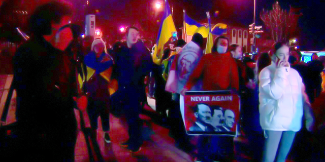 Protesters in Washington, D.C. have gathered at the Russian embassy to protest the country's invasion of Ukraine on early Thursday morning.