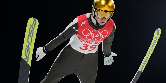 Ursa Bogataj, of Slovenia, soars through the air during the women's normal hill individual ski jumping trial round at the 2022 Winter Olympics, Saturday, Feb. 5, 2022, in Zhangjiakou, China.