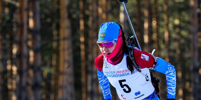 Biathlete Valeria Vasnetsova of Russia competes in the women's 10km pursuit event at the Krasnoyarsk 2019 Winter Universiade.