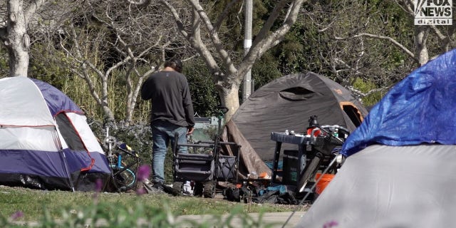 Homeless encampment outside Venice library in Venice, Calif.