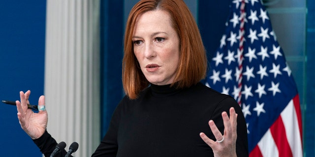 White House press secretary Jen Psaki speaks with reporters in the James Brady Press Briefing Room at the White House, Wednesday, Feb. 2, 2022, in Washington. (AP Photo/Alex Brandon)