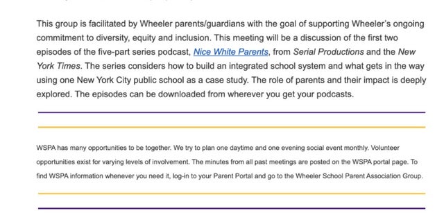 An invitation for a "Working Group for White Parents/Guardians" at The Wheeler School. 