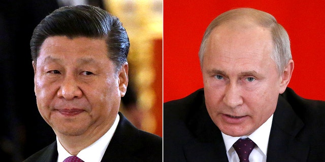 Chinese President Xi Jinping during a visit to Russia, June,5, 2019, and Russian President Vladimir Putin speaking in Moscow, June,5, 2019.