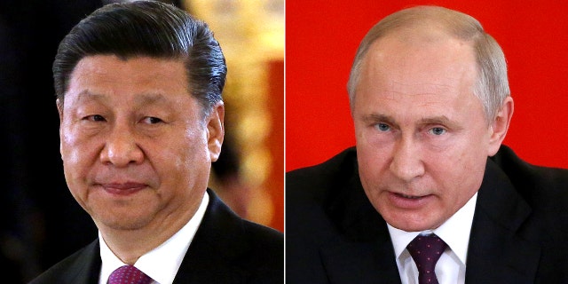 Chinese President Xi Jinping during a visit to Russia, June,5, 2019, and Russian President Vladimir Putin speaking in Moscow, June,5, 2019.